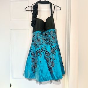 Hailey Logan size 9/10 teal and black party dress with sparkly flowers, like new